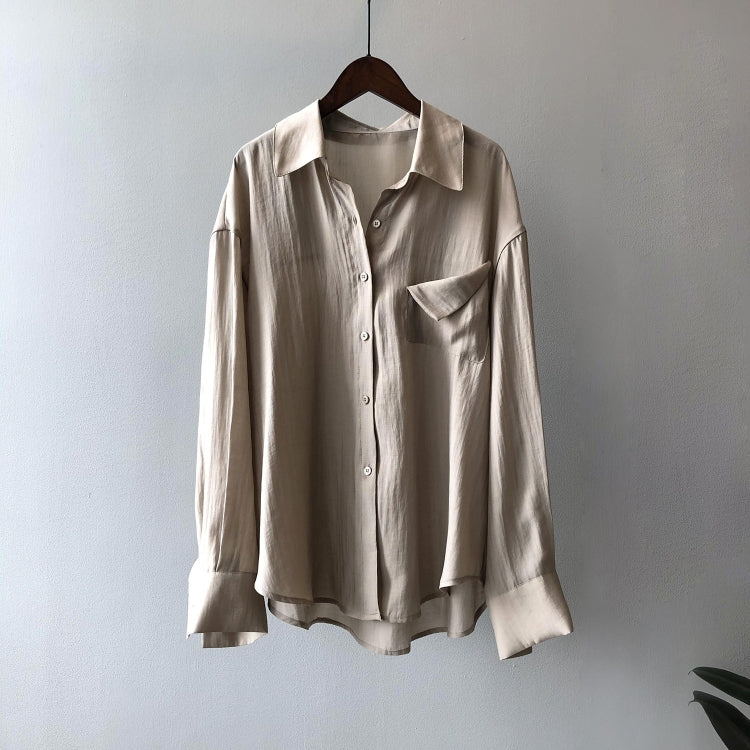Spring Solid Color Loose Long Sleeve Shirt With Pockets For Ladies