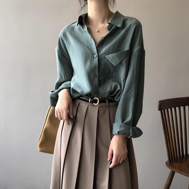 Spring Solid Color Loose Long Sleeve Shirt With Pockets For Ladies