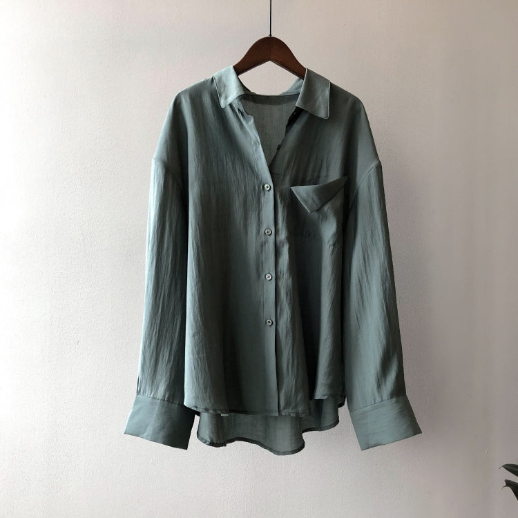 Spring Solid Color Loose Long Sleeve Shirt With Pockets For Ladies