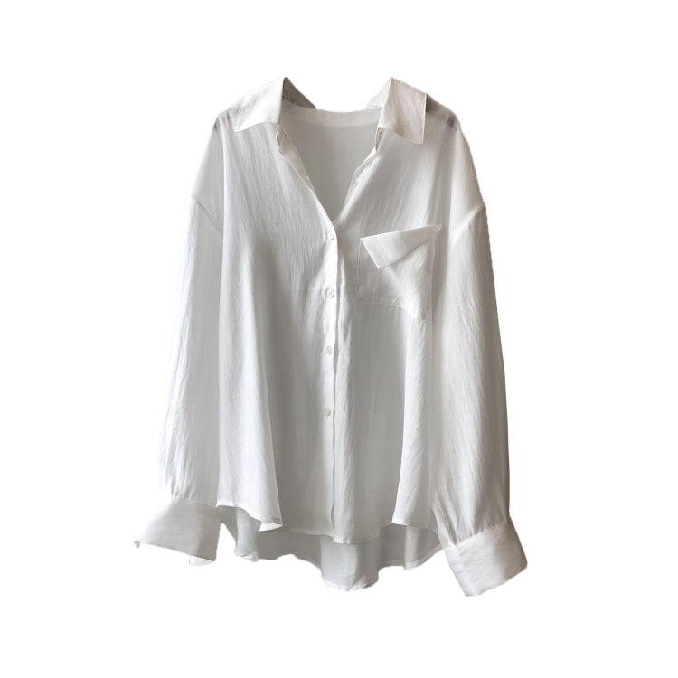 Spring Solid Color Loose Long Sleeve Shirt With Pockets For Ladies