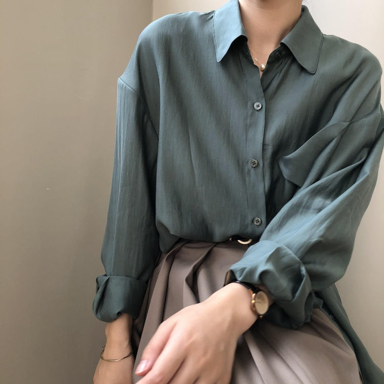 Spring Solid Color Loose Long Sleeve Shirt With Pockets For Ladies