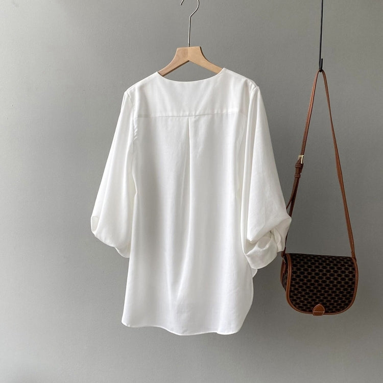 Spring Solid Color Loose Long Balloon Sleeve Shirt for Ladies
