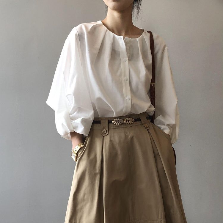 Spring Solid Color Loose Long Balloon Sleeve Shirt for Ladies