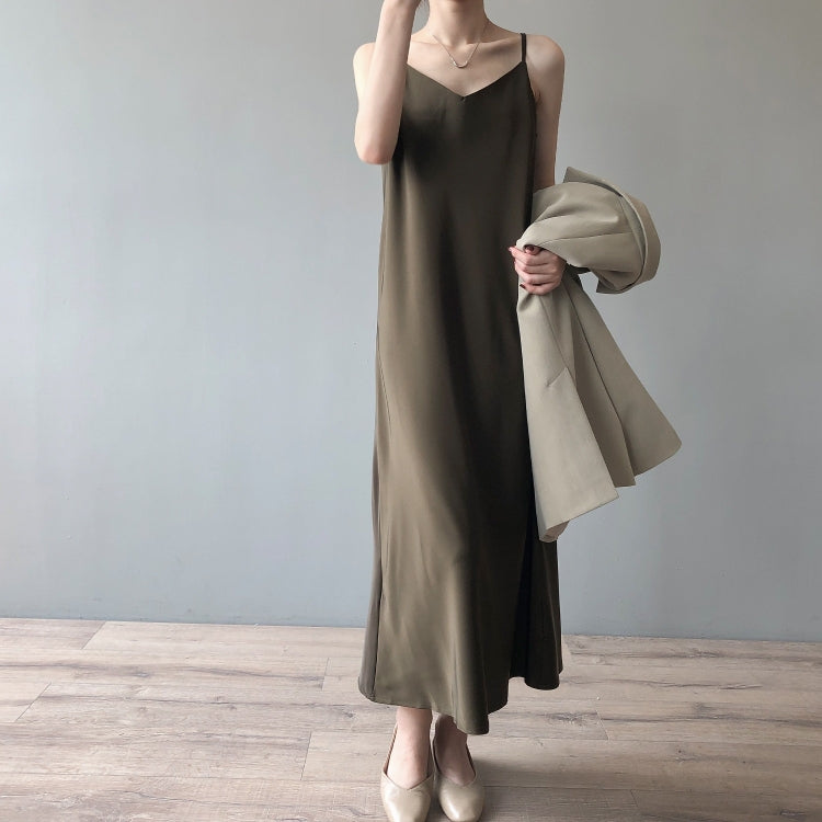 Spring Satin V-Neck Suspender Dress For Ladies