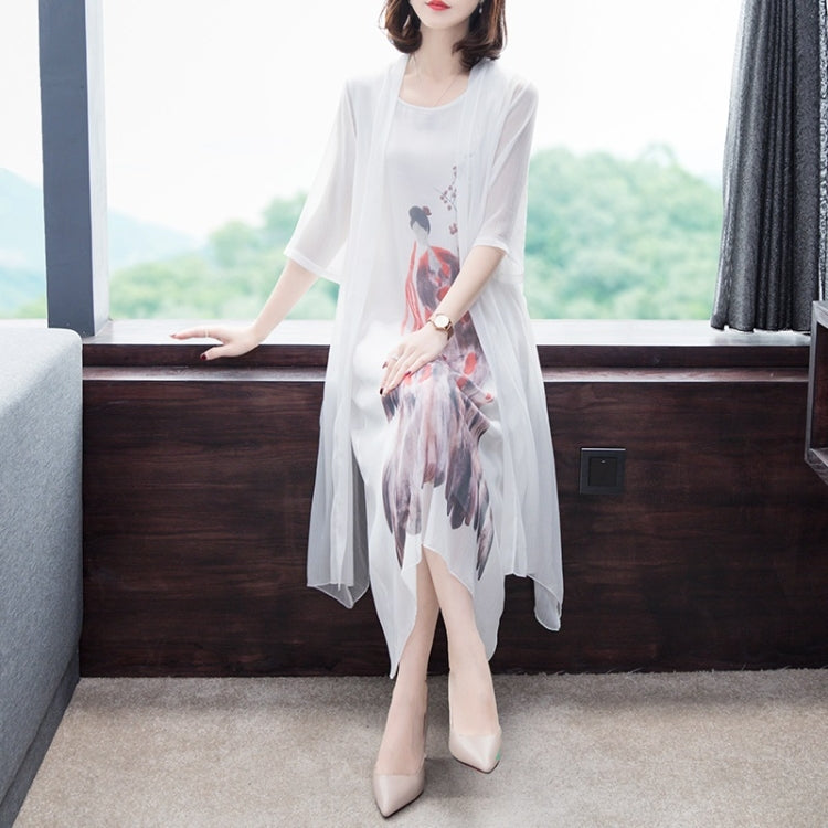 2 in 1 Chinese Style Mid-Length Loose Sleeveless Dress + Coat Set for Ladies