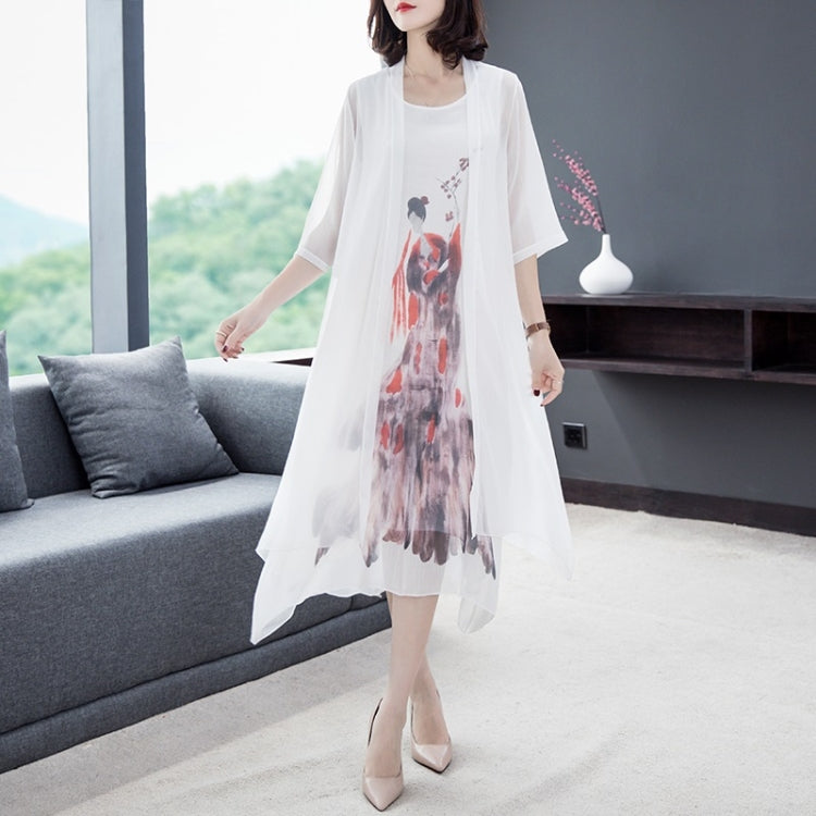 2 in 1 Chinese Style Mid-Length Loose Sleeveless Dress + Coat Set for Ladies