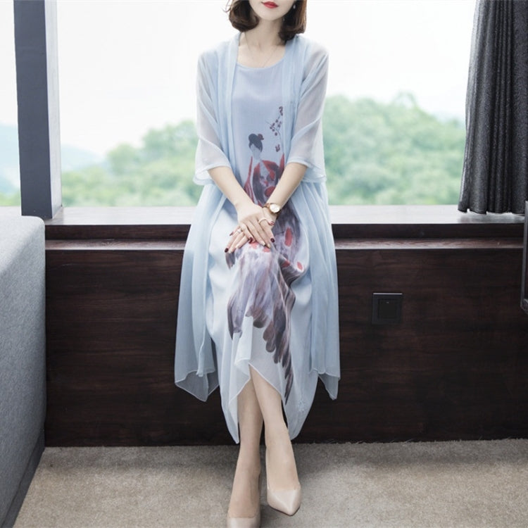 2 in 1 Chinese Style Mid-Length Loose Sleeveless Dress + Coat Set for Ladies