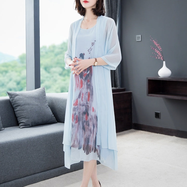 2 in 1 Chinese Style Mid-Length Loose Sleeveless Dress + Coat Set for Ladies