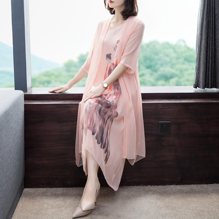 2 in 1 Chinese Style Mid-Length Loose Sleeveless Dress + Coat Set for Ladies