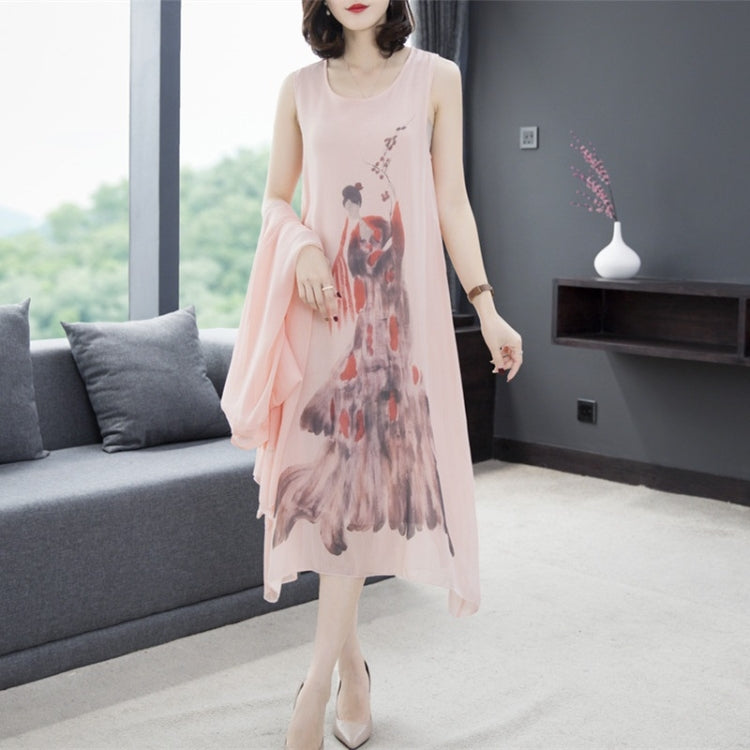 2 in 1 Chinese Style Mid-Length Loose Sleeveless Dress + Coat Set for Ladies