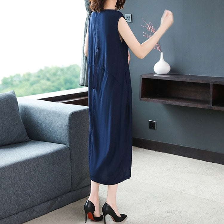 Summer Solid Color Loose Sleeveless Splicing Dress for Ladies