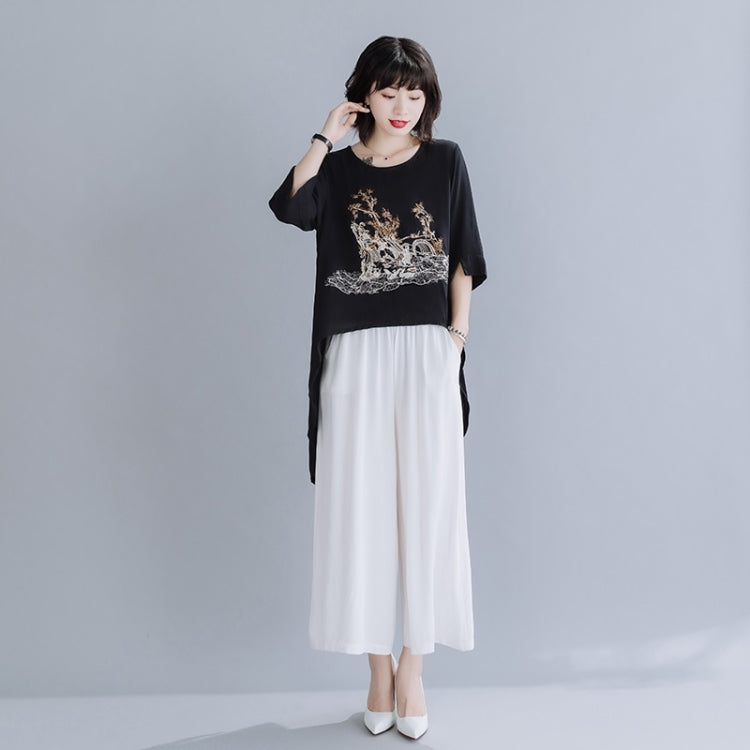 Summer Embroidered Cotton Linen Front Short Back Long Short Sleeve T-Shirt for Ladies