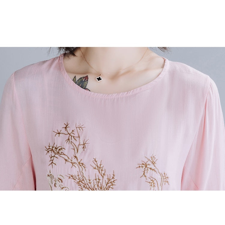 Summer Embroidered Cotton Linen Front Short Back Long Short Sleeve T-Shirt for Ladies