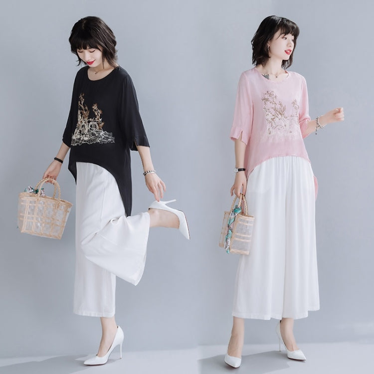 Summer Embroidered Cotton Linen Front Short Back Long Short Sleeve T-Shirt for Ladies