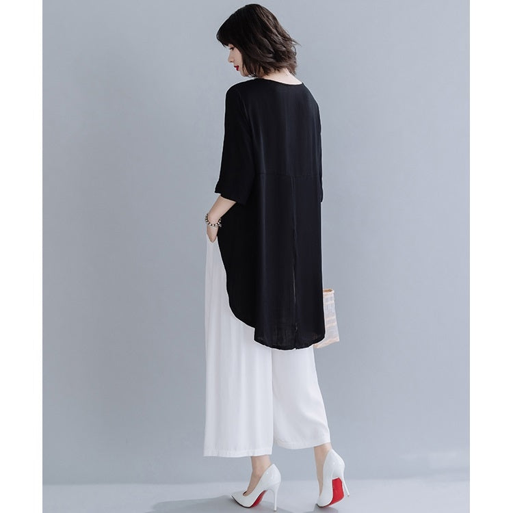 Summer Embroidered Cotton Linen Front Short Back Long Short Sleeve T-Shirt for Ladies