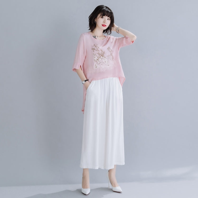 Summer Embroidered Cotton Linen Front Short Back Long Short Sleeve T-Shirt for Ladies