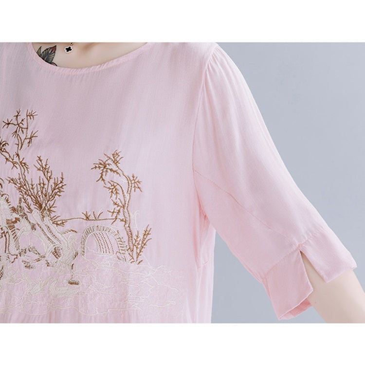 Summer Embroidered Cotton Linen Front Short Back Long Short Sleeve T-Shirt for Ladies