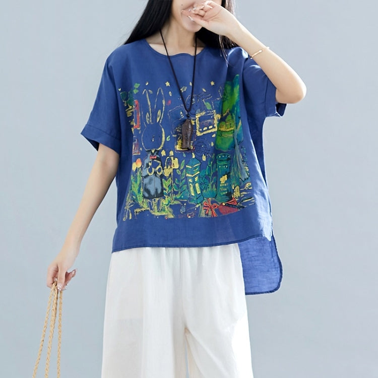 Summer Rabbit Print Cotton Linen Front Short Back Long Short Sleeve T-Shirt for Ladies