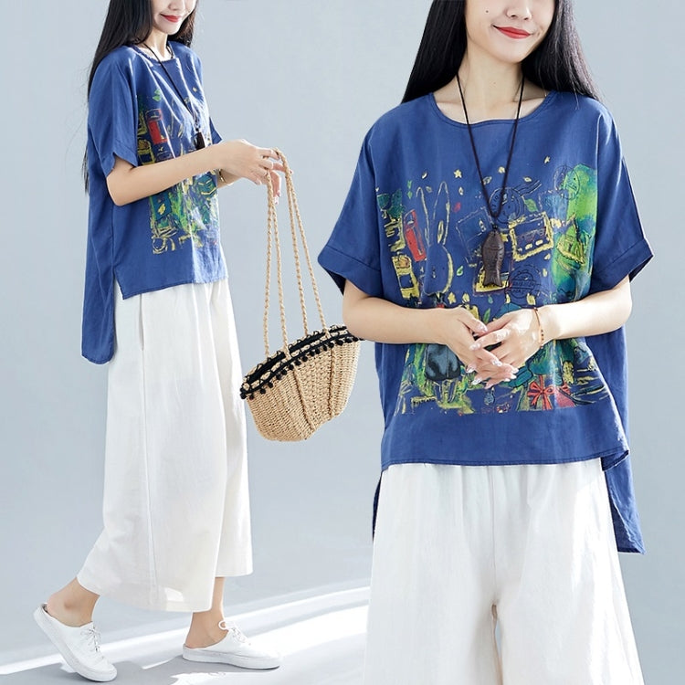 Summer Rabbit Print Cotton Linen Front Short Back Long Short Sleeve T-Shirt for Ladies