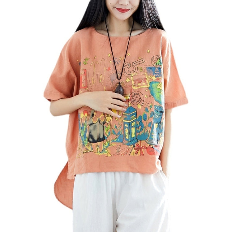Summer Rabbit Print Cotton Linen Front Short Back Long Short Sleeve T-Shirt for Ladies
