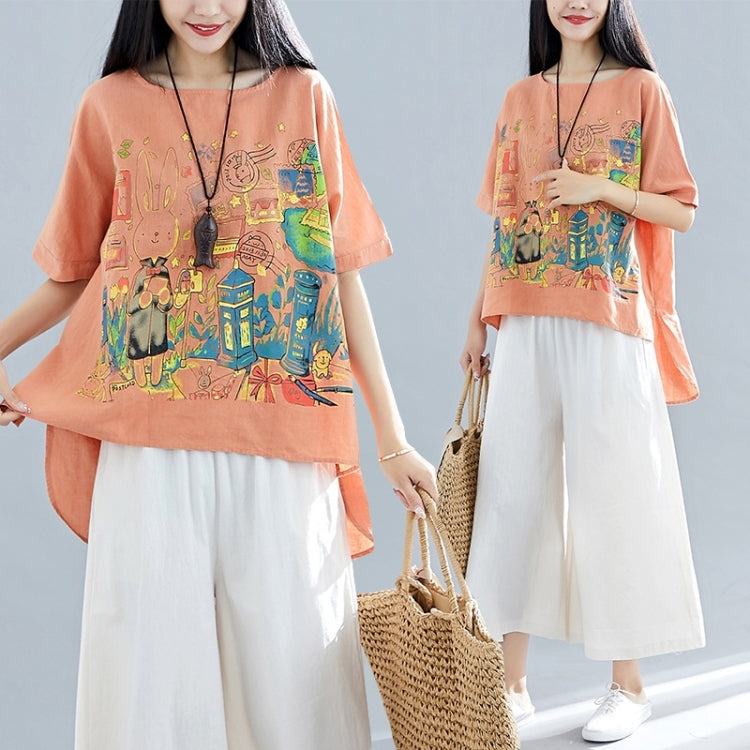 Summer Rabbit Print Cotton Linen Front Short Back Long Short Sleeve T-Shirt for Ladies