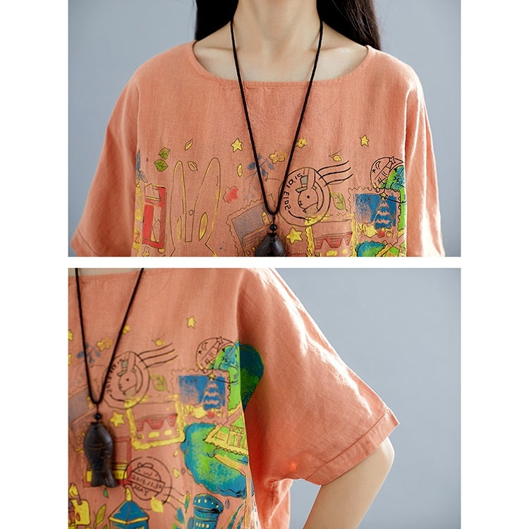Summer Rabbit Print Cotton Linen Front Short Back Long Short Sleeve T-Shirt for Ladies