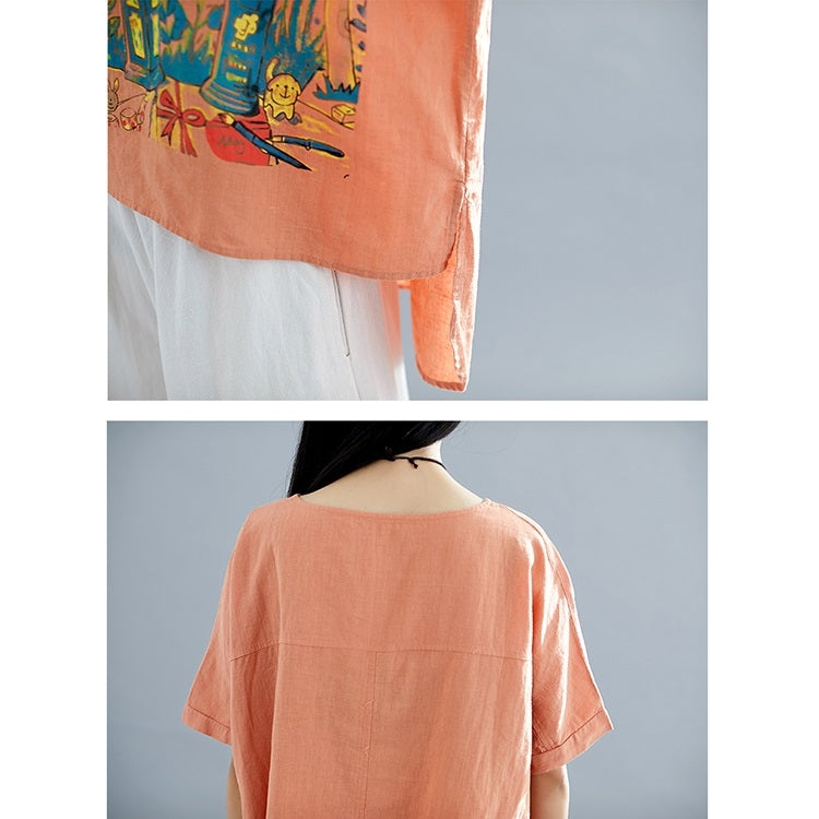 Summer Rabbit Print Cotton Linen Front Short Back Long Short Sleeve T-Shirt for Ladies