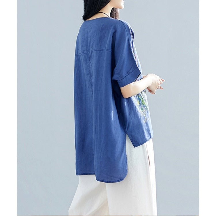 Summer Rabbit Print Cotton Linen Front Short Back Long Short Sleeve T-Shirt for Ladies