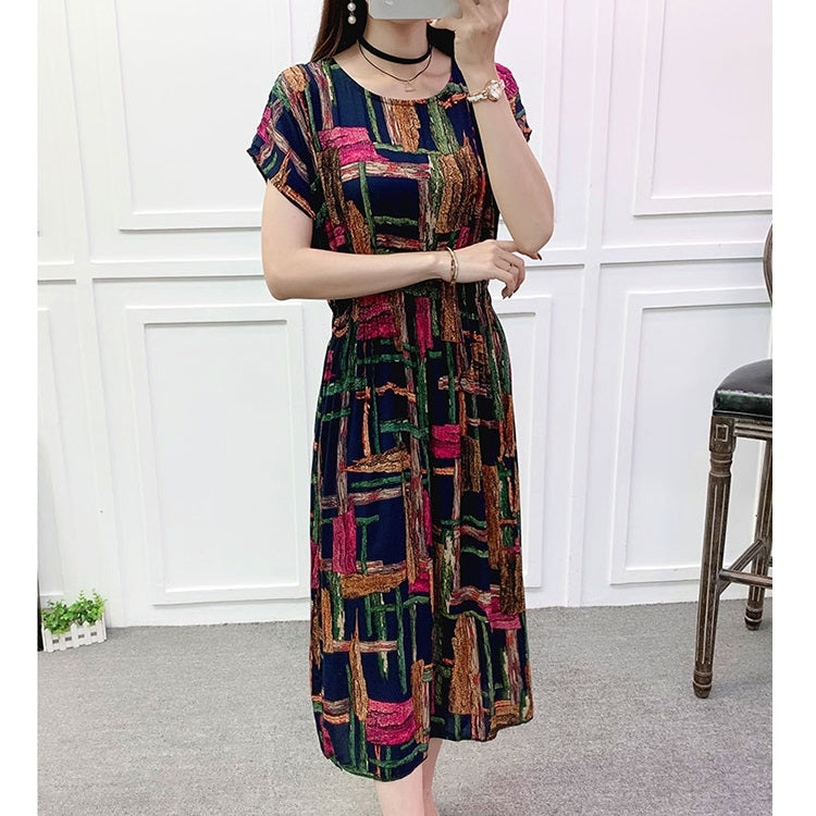 Summer Vintage Cotton Silk Print Dress for Ladies