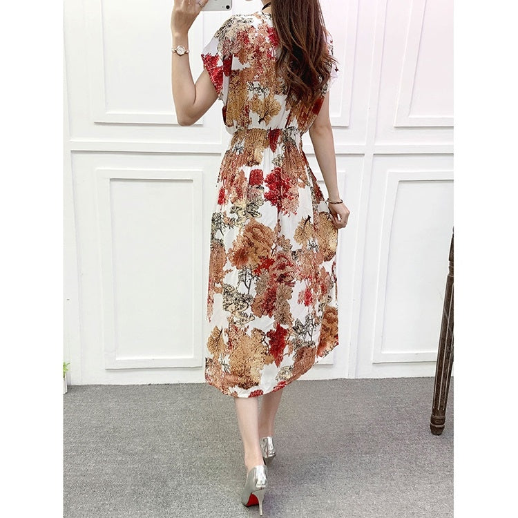 Summer Vintage Cotton Silk Print Dress for Ladies