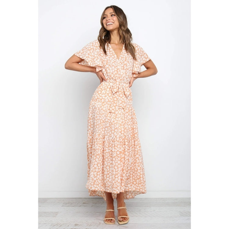 Short Sleeve Lace-Up Print Long Swing Dress For Women