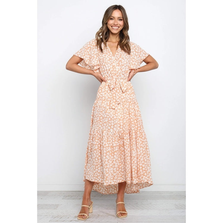 Short Sleeve Lace-Up Print Long Swing Dress For Women
