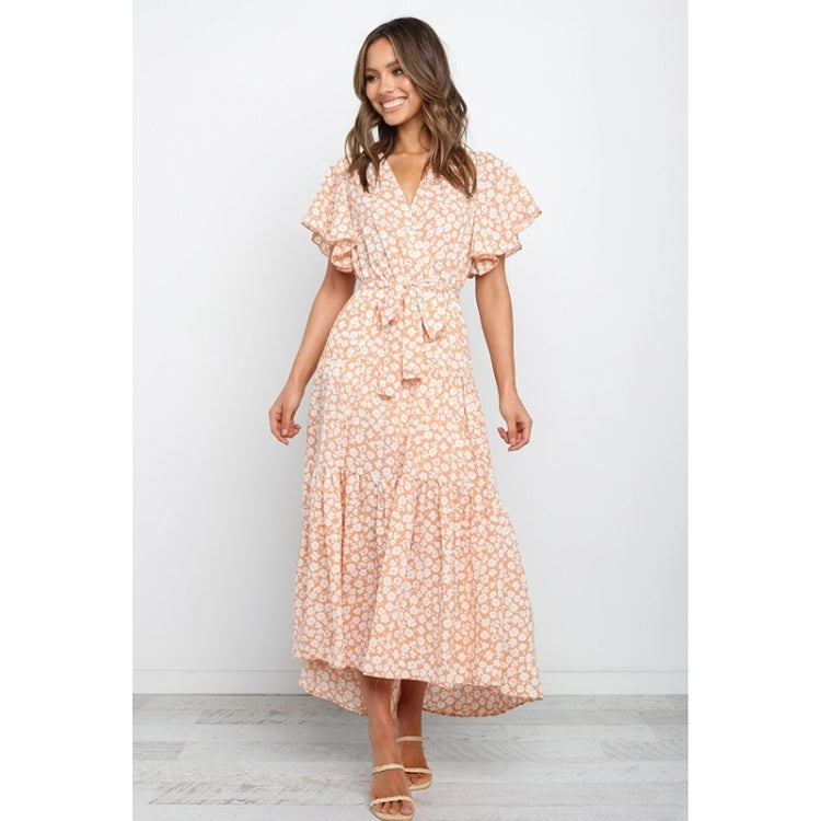 Short Sleeve Lace-Up Print Long Swing Dress For Women