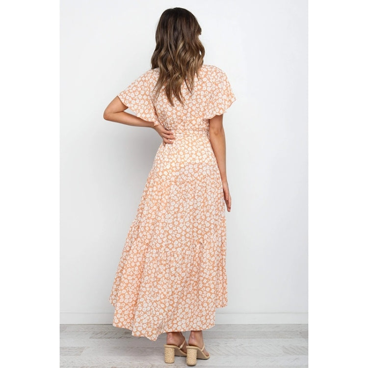 Short Sleeve Lace-Up Print Long Swing Dress For Women