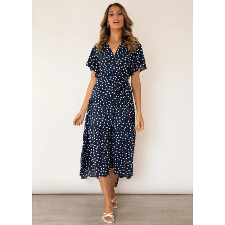 Short Sleeve Lace Up Dot Print Long Swing Dress For Ladies