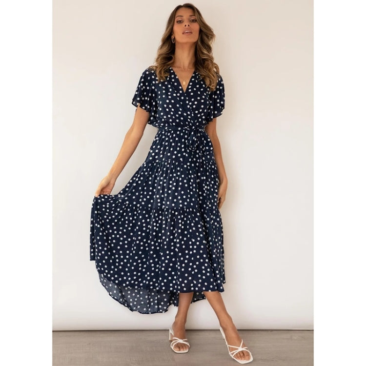 Short Sleeve Lace Up Dot Print Long Swing Dress For Ladies