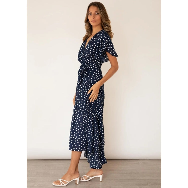 Short Sleeve Lace Up Dot Print Long Swing Dress For Ladies