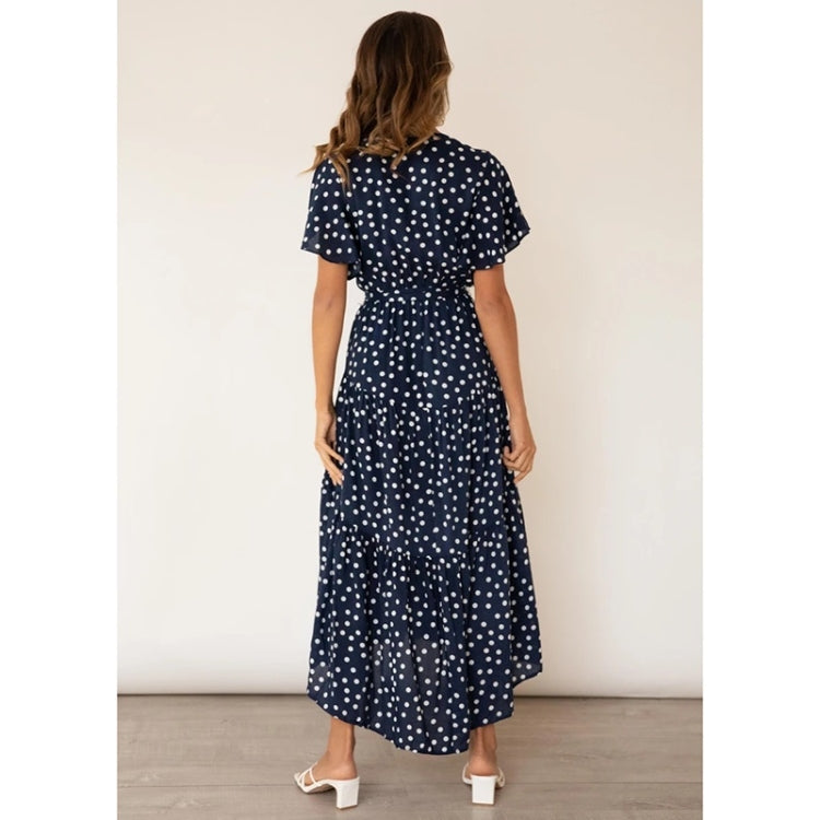 Short Sleeve Lace Up Dot Print Long Swing Dress For Ladies