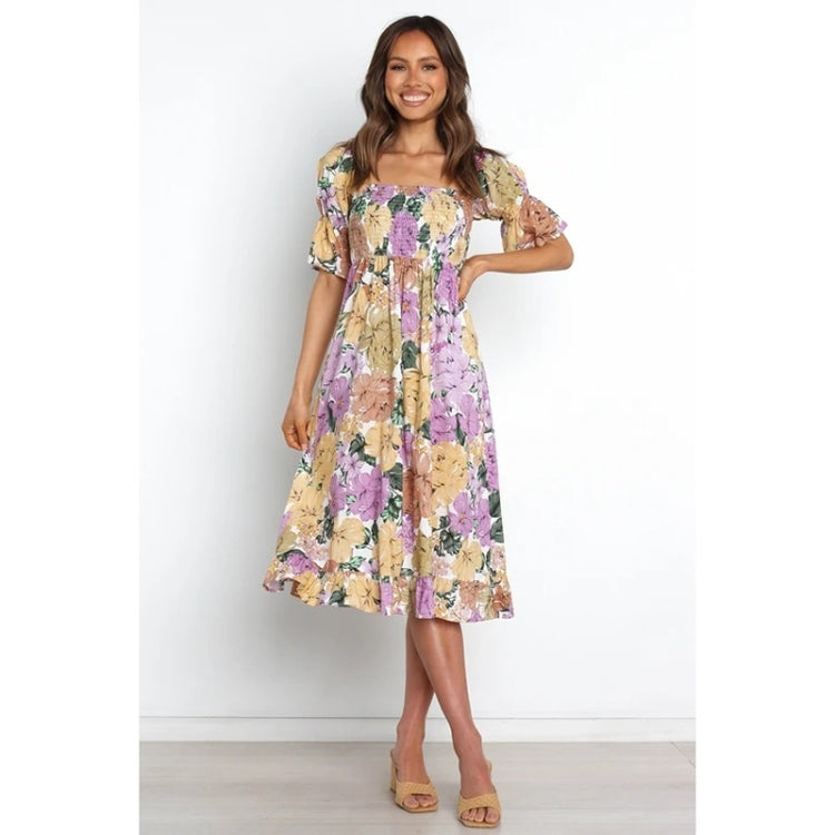 Spring and Summer Square Neck Short Sleeve Print Dress for Ladies