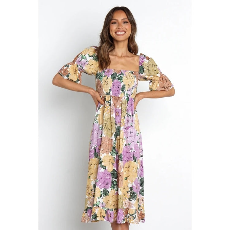 Spring and Summer Square Neck Short Sleeve Print Dress for Ladies