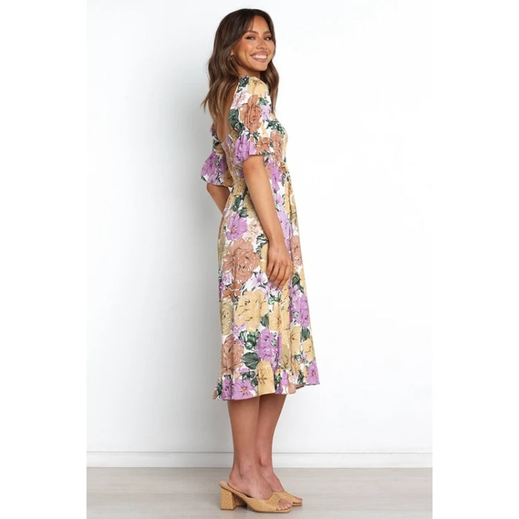 Spring and Summer Square Neck Short Sleeve Print Dress for Ladies