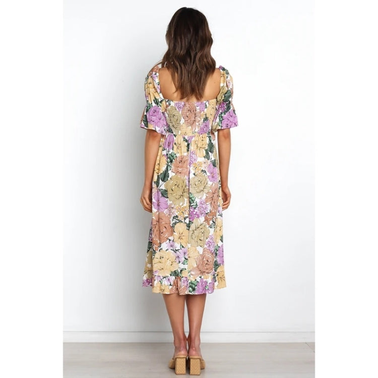 Spring and Summer Square Neck Short Sleeve Print Dress for Ladies