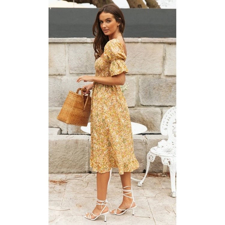Spring and Summer Square Neck Short Sleeve Floral Ruffle Dress for Ladies