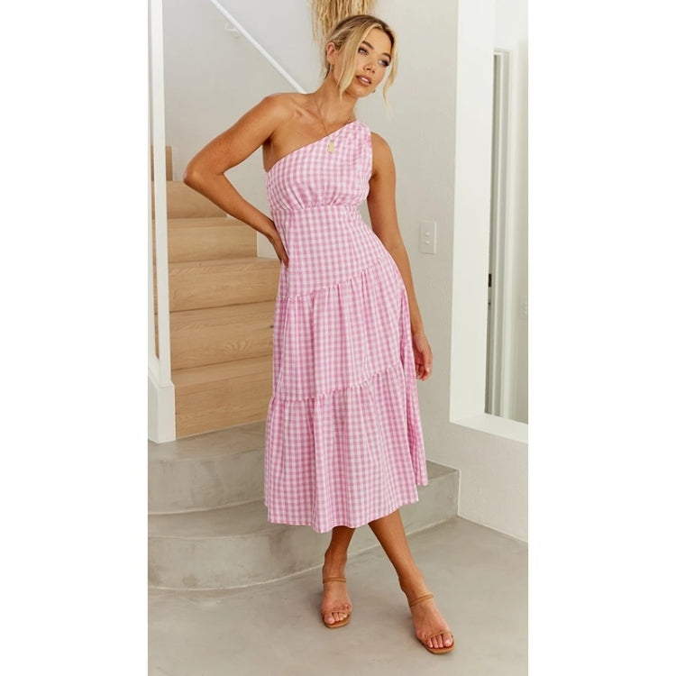 Spring Slanted Shoulder Plaid Print Swing Dress for Ladies