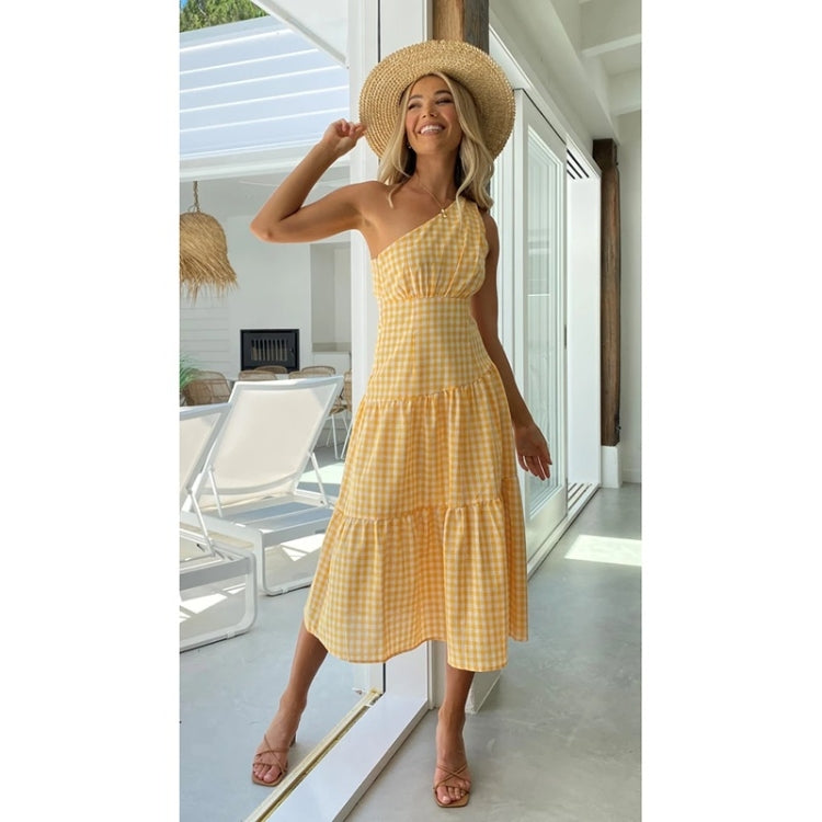 Spring Slanted Shoulder Plaid Print Swing Dress for Ladies