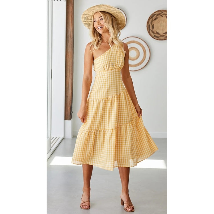 Spring Slanted Shoulder Plaid Print Swing Dress for Ladies