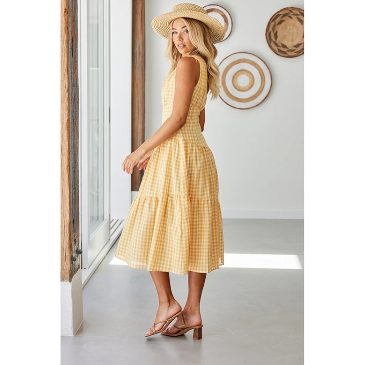 Spring Slanted Shoulder Plaid Print Swing Dress for Ladies