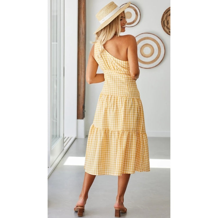 Spring Slanted Shoulder Plaid Print Swing Dress for Ladies