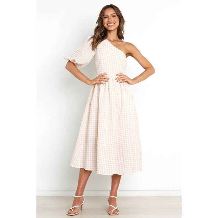 Summer One Shoulder Short Sleeve Plaid Print Swing Dress for Ladies