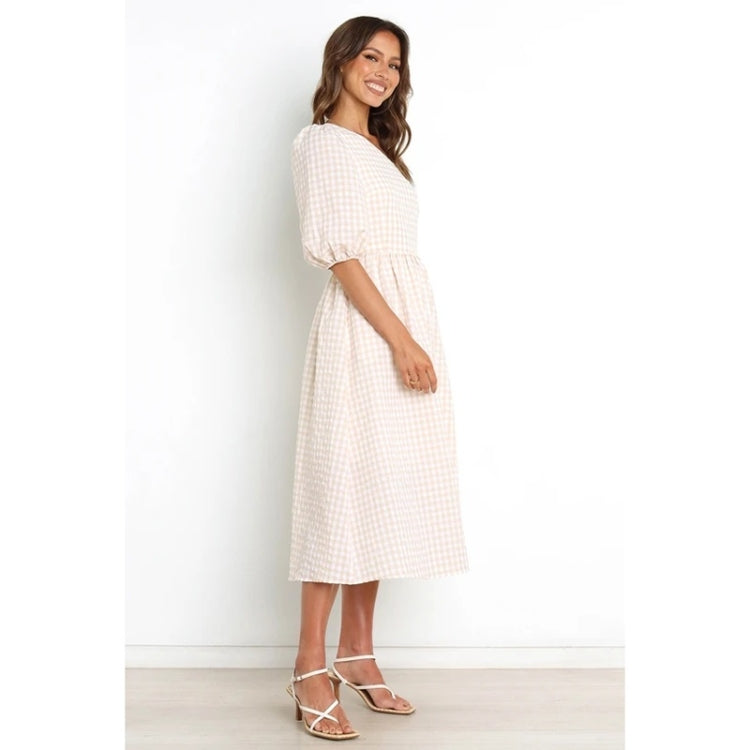 Summer One Shoulder Short Sleeve Plaid Print Swing Dress for Ladies